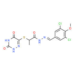 ChemSpider 2D Image | N'-[(E)-(3,5-Dichloro-4-methoxyphenyl)methylene]-2-[(3,5-dioxo-2,3,4,5-tetrahydro-1,2,4-triazin-6-yl)sulfanyl]propanehydrazide | C14H13Cl2N5O4S