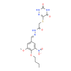 ChemSpider 2D Image | N'-[(E)-(4-Butoxy-3-methoxy-5-nitrophenyl)methylene]-2-[(3,5-dioxo-2,3,4,5-tetrahydro-1,2,4-triazin-6-yl)sulfanyl]acetohydrazide | C17H20N6O7S