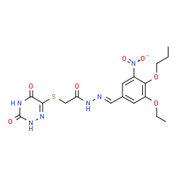 ChemSpider 2D Image | 2-[(3,5-Dioxo-2,3,4,5-tetrahydro-1,2,4-triazin-6-yl)sulfanyl]-N'-[(E)-(3-ethoxy-5-nitro-4-propoxyphenyl)methylene]acetohydrazide | C17H20N6O7S