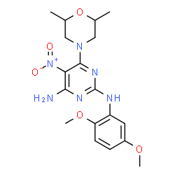 ChemSpider 2D Image | N~2~-(2,5-Dimethoxyphenyl)-6-(2,6-dimethyl-4-morpholinyl)-5-nitro-2,4-pyrimidinediamine | C18H24N6O5