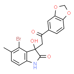 ChemSpider 2D Image | 3-[2-(1,3-Benzodioxol-5-yl)-2-oxoethyl]-4-bromo-3-hydroxy-5-methyl-1,3-dihydro-2H-indol-2-one | C18H14BrNO5