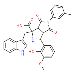 ChemSpider 2D Image | 3-(2-Hydroxy-3-methoxyphenyl)-1-(1H-indol-3-ylmethyl)-5-(3-methylphenyl)-4,6-dioxooctahydropyrrolo[3,4-c]pyrrole-1-carboxylic acid | C30H27N3O6