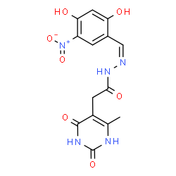 ChemSpider 2D Image | N'-[(Z)-(2,4-Dihydroxy-5-nitrophenyl)methylene]-2-(6-methyl-2,4-dioxo-1,2,3,4-tetrahydro-5-pyrimidinyl)acetohydrazide | C14H13N5O7