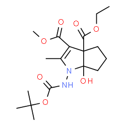 ChemSpider 2D Image | 3a-Ethyl 3-methyl 6a-hydroxy-2-methyl-1-({[(2-methyl-2-propanyl)oxy]carbonyl}amino)-4,5,6,6a-tetrahydrocyclopenta[b]pyrrole-3,3a(1H)-dicarboxylate | C18H28N2O7