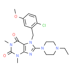ChemSpider 2D Image | 7-(2-Chloro-5-methoxybenzyl)-8-(4-ethyl-1-piperazinyl)-1,3-dimethyl-3,7-dihydro-1H-purine-2,6-dione | C21H27ClN6O3