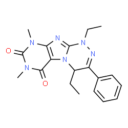 ChemSpider 2D Image | 8H-1,2,4a,6,8,9-Hexaazafluorene-5,7-dione, 1,4-diethyl-6,8-dimethyl-3-phenyl-1,4-dihydro- | C19H22N6O2