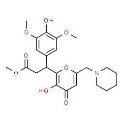 ChemSpider 2D Image | Methyl 3-(4-hydroxy-3,5-dimethoxyphenyl)-3-[3-hydroxy-4-oxo-6-(1-piperidinylmethyl)-4H-pyran-2-yl]propanoate | C23H29NO8