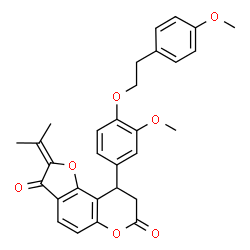 ChemSpider 2D Image | 2-Isopropylidene-9-{3-methoxy-4-[2-(4-methoxyphenyl)ethoxy]phenyl}-8,9-dihydro-7H-furo[2,3-f]chromene-3,7(2H)-dione | C30H28O7