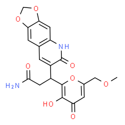 ChemSpider 2D Image | 3-[3-Hydroxy-6-(methoxymethyl)-4-oxo-4H-pyran-2-yl]-3-(6-oxo-5,6-dihydro[1,3]dioxolo[4,5-g]quinolin-7-yl)propanamide | C20H18N2O8