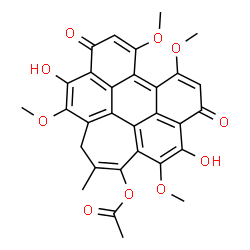 ChemSpider 2D Image | 5,12-Dihydroxy-4,8,9,13-tetramethoxy-2-methyl-6,11-dioxo-6,11-dihydro-1H-cyclohepta[ghi]perylen-3-yl acetate | C30H24O10