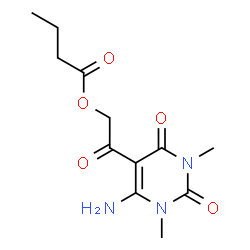 ChemSpider 2D Image | 2-(6-Amino-1,3-dimethyl-2,4-dioxo-1,2,3,4-tetrahydro-5-pyrimidinyl)-2-oxoethyl butyrate | C12H17N3O5