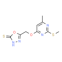 ChemSpider 2D Image | 5-({[6-Methyl-2-(methylsulfanyl)-4-pyrimidinyl]oxy}methyl)-1,3,4-oxadiazole-2(3H)-thione | C9H10N4O2S2
