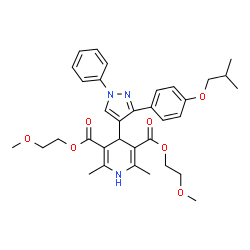 ChemSpider 2D Image | Bis(2-methoxyethyl) 4-[3-(4-isobutoxyphenyl)-1-phenyl-1H-pyrazol-4-yl]-2,6-dimethyl-1,4-dihydro-3,5-pyridinedicarboxylate | C34H41N3O7