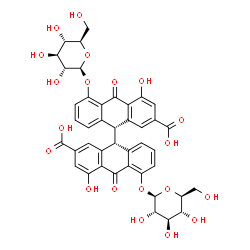 ChemSpider 2D Image | (9R,9'R)-5-(beta-D-Glucopyranosyloxy)-5'-(beta-L-glucopyranosyloxy)-4,4'-dihydroxy-10,10'-dioxo-9,9',10,10'-tetrahydro-9,9'-bianthracene-2,2'-dicarboxylic acid | C42H38O20