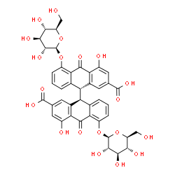 ChemSpider 2D Image | (9R,9'S)-5-(beta-D-Glucopyranosyloxy)-5'-(beta-L-glucopyranosyloxy)-4,4'-dihydroxy-10,10'-dioxo-9,9',10,10'-tetrahydro-9,9'-bianthracene-2,2'-dicarboxylic acid | C42H38O20