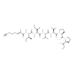 ChemSpider 2D Image | (2E)-N,2-Dimethyl-N-[(2S,3S)-3-methyl-1-{methyl[(2S,3S)-3-methyl-1-{methyl[(2S)-3-methyl-1-(methyl{(2S)-3-methyl-1-oxo-1-[(2S)-2-{[(2S)-2-propionyl-1-pyrrolidinyl]carbonyl}-1-pyrrolidinyl]-2-butanyl}a
mino)-1-oxo-2-butanyl]amino}-1-oxo-2-pentanyl]amino}-1-oxo-2-pentanyl]-2-octen-7-ynamide | C47H78N6O7
