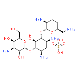 ChemSpider 2D Image | (1S,2S,3R,4S,6R)-4,6-Diamino-3-[(2,6-diamino-2,3,4,6-tetradeoxy-alpha-D-threo-hexopyranosyl)oxy]-2-hydroxycyclohexyl 3-amino-3-deoxy-alpha-D-galactopyranoside sulfate (1:1) | C18H39N5O12S