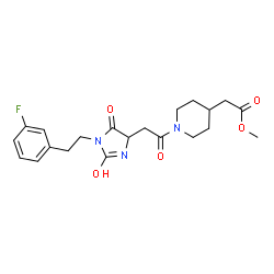 ChemSpider 2D Image | Methyl [1-({1-[2-(3-fluorophenyl)ethyl]-2,5-dioxo-4-imidazolidinyl}acetyl)-4-piperidinyl]acetate | C21H26FN3O5