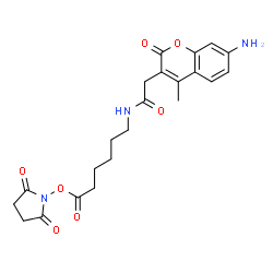 ChemSpider 2D Image | 2-(7-Amino-4-methyl-2-oxo-2H-chromen-3-yl)-N-{6-[(2,5-dioxo-1-pyrrolidinyl)oxy]-6-oxohexyl}acetamide | C22H25N3O7
