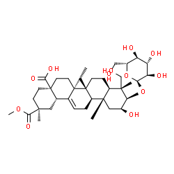 ChemSpider 2D Image | (2beta,3beta)-3-(alpha-D-Glucopyranosyloxy)-2,23-dihydroxy-30-methoxy-30-oxoolean-12-en-28-oic acid | C37H58O12
