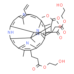 ChemSpider 2D Image | Dimethyl 10,14-bis[3-(2-hydroxyethoxy)-3-oxopropyl]-4,9,15,19-tetramethyl-5-vinyl-25,26,27,28-tetraazahexacyclo[16.6.1.1~3,6~.1~8,11~.1~13,16~.0~19,24~]octacosa-1,3(28),4,6,8,10,12,14,16(26),17,21,23-
dodecaene-20,21-dicarboxylate | C44H48N4O10
