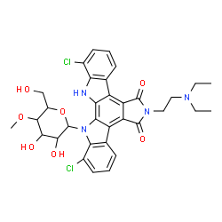 ChemSpider 2D Image | 1,11-Dichloro-6-[2-(diethylamino)ethyl]-12-(4-O-methylhexopyranosyl)-12,13-dihydro-5H-indolo[2,3-a]pyrrolo[3,4-c]carbazole-5,7(6H)-dione | C33H34Cl2N4O7