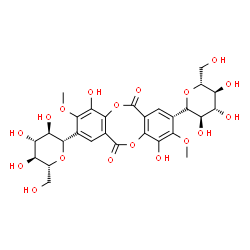 ChemSpider 2D Image | 4,10-Dihydroxy-3,9-dimethoxy-2-[(2R,3R,4R,5S,6R)-3,4,5-trihydroxy-6-(hydroxymethyl)tetrahydro-2H-pyran-2-yl]-8-[(2S,3R,4R,5S,6R)-3,4,5-trihydroxy-6-(hydroxymethyl)tetrahydro-2H-pyran-2-yl]-6H,12H-dibe
nzo[b,f][1,5]dioxocine-6,12-dione | C28H32O18