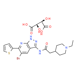 ChemSpider 2D Image | (2R,3R)-2,3-Dihydroxysuccinic acid - N-[5-bromo-6-(2-thienyl)-1H-pyrazolo[3,4-b]pyridin-3-yl]-2-(1-ethyl-4-piperidinyl)acetamide (1:1) | C23H28BrN5O7S