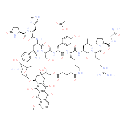 ChemSpider 2D Image | 5-Oxo-L-prolyl-L-histidyl-L-tryptophyl-L-seryl-L-tyrosyl-N~6~-[5-(2-{(2S,4S)-4-[(3-amino-2,3,6-trideoxyhexopyranosyl)oxy]-2,5,12-trihydroxy-7-methoxy-6,11-dioxo-1,2,3,4,6,11-hexahydro-2-tetracenyl}-2-
oxoethoxy)-5-oxopentanoyl]-D-lysyl-L-leucyl-L-arginyl-L-prolylglycinamide acetate (1:1) | C93H121N19O28
