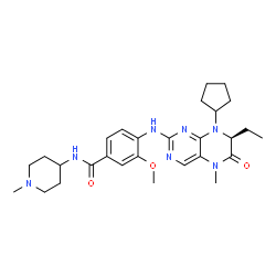 ChemSpider 2D Image | 4-{[(7S)-8-Cyclopentyl-7-ethyl-5-methyl-6-oxo-5,6,7,8-tetrahydro-2-pteridinyl]amino}-3-methoxy-N-(1-methyl-4-piperidinyl)benzamide | C28H39N7O3