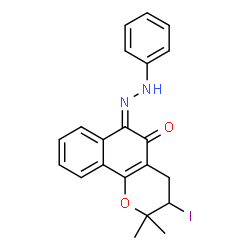 ChemSpider 2D Image | (6Z)-3-Iodo-2,2-dimethyl-6-(phenylhydrazono)-2,3,4,6-tetrahydro-5H-benzo[h]chromen-5-one | C21H19IN2O2
