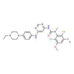ChemSpider 2D Image | 1-(2,6-Dichloro-3,5-dimethoxyphenyl)-3-(6-{[4-(4-ethyl-1-piperazinyl)phenyl]amino}-4-pyrimidinyl)-1-methylurea | C26H31Cl2N7O3