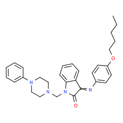 ChemSpider 2D Image | 3-{[4-(Pentyloxy)phenyl]imino}-1-[(4-phenyl-1-piperazinyl)methyl]-1,3-dihydro-2H-indol-2-one | C30H34N4O2