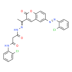 ChemSpider 2D Image | N-(2-Chlorophenyl)-3-[2-(1-{6-[(E)-(2-chlorophenyl)diazenyl]-2-oxo-2H-chromen-3-yl}ethylidene)hydrazino]-3-oxopropanamide | C26H19Cl2N5O4