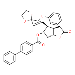 ChemSpider 2D Image | (3aR,4S,5S,6aR)-2-Oxo-4-{(E)-2-[2-(phenoxymethyl)-1,3-dioxolan-2-yl]vinyl}hexahydro-2H-cyclopenta[b]furan-5-yl 4-biphenylcarboxylate | C32H30O7