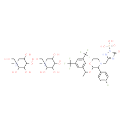 ChemSpider 2D Image | (3-{[2-{1-[3,5-Bis(trifluoromethyl)phenyl]ethoxy}-3-(4-fluorophenyl)-4-morpholinyl]methyl}-5-oxo-2,5-dihydro-1H-1,2,4-triazol-1-yl)phosphonic acid - 1-deoxy-1-(methylamino)hexitol (1:2) | C37H56F7N6O16P