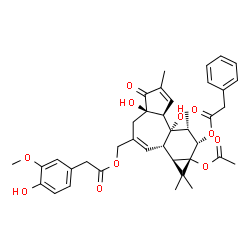 ChemSpider 2D Image | [(1aR,1bS,4aR,7aS,7bS,8R,9S,9aS)-9a-Acetoxy-4a,7b-dihydroxy-1,1,6,8-tetramethyl-5-oxo-9-(2-phenylacetoxy)-1a,1b,4,4a,5,7a,7b,8,9,9a-decahydro-1H-cyclopropa[3,4]benzo[1,2-e]azulen-3-yl]methyl (4-hydrox
y-3-methoxyphenyl)acetate | C39H44O11