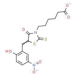 ChemSpider 2D Image | 6-[5-(2-Hydroxy-5-nitrobenzylidene)-4-oxo-2-thioxo-1,3-thiazolidin-3-yl]hexanoate | C16H15N2O6S2
