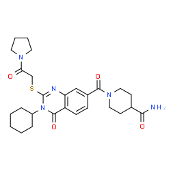 ChemSpider 2D Image | 1-[(3-Cyclohexyl-4-oxo-2-{[2-oxo-2-(1-pyrrolidinyl)ethyl]sulfanyl}-3,4-dihydro-7-quinazolinyl)carbonyl]-4-piperidinecarboxamide | C27H35N5O4S