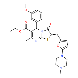 ChemSpider 2D Image | Ethyl 5-(3-methoxyphenyl)-7-methyl-2-{[5-(4-methyl-1-piperazinyl)-2-furyl]methylene}-3-oxo-2,3-dihydro-5H-[1,3]thiazolo[3,2-a]pyrimidine-6-carboxylate | C27H30N4O5S