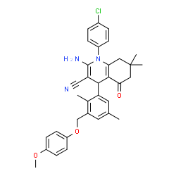 ChemSpider 2D Image | 2-Amino-1-(4-chlorophenyl)-4-{3-[(4-methoxyphenoxy)methyl]-2,5-dimethylphenyl}-7,7-dimethyl-5-oxo-1,4,5,6,7,8-hexahydro-3-quinolinecarbonitrile | C34H34ClN3O3