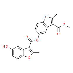 ChemSpider 2D Image | 3-(Methoxycarbonyl)-2-methyl-1-benzofuran-5-yl 5-hydroxy-2-methyl-1-benzofuran-3-carboxylate | C21H16O7