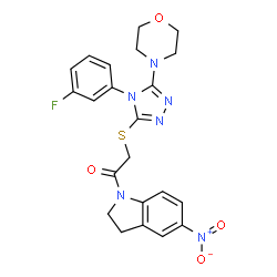 ChemSpider 2D Image | 2-{[4-(3-Fluorophenyl)-5-(4-morpholinyl)-4H-1,2,4-triazol-3-yl]sulfanyl}-1-(5-nitro-2,3-dihydro-1H-indol-1-yl)ethanone | C22H21FN6O4S