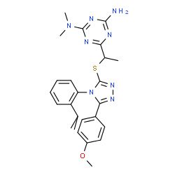 ChemSpider 2D Image | 6-(1-{[4-(2-Isopropylphenyl)-5-(4-methoxyphenyl)-4H-1,2,4-triazol-3-yl]sulfanyl}ethyl)-N,N-dimethyl-1,3,5-triazine-2,4-diamine | C25H30N8OS