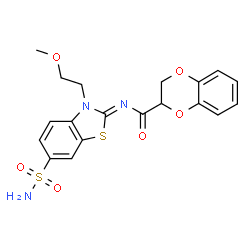 ChemSpider 2D Image | N-[(2Z)-3-(2-Methoxyethyl)-6-sulfamoyl-1,3-benzothiazol-2(3H)-ylidene]-2,3-dihydro-1,4-benzodioxine-2-carboxamide | C19H19N3O6S2