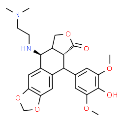 ChemSpider 2D Image | (5aR,9S)-9-{[2-(Dimethylamino)ethyl]amino}-5-(4-hydroxy-3,5-dimethoxyphenyl)-5,8,8a,9-tetrahydrofuro[3',4':6,7]naphtho[2,3-d][1,3]dioxol-6(5aH)-one | C25H30N2O7