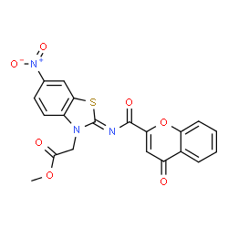 ChemSpider 2D Image | Methyl [(2Z)-6-nitro-2-{[(4-oxo-4H-chromen-2-yl)carbonyl]imino}-1,3-benzothiazol-3(2H)-yl]acetate | C20H13N3O7S