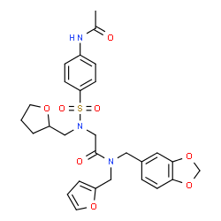 ChemSpider 2D Image | N~2~-[(4-Acetamidophenyl)sulfonyl]-N-(1,3-benzodioxol-5-ylmethyl)-N-(2-furylmethyl)-N~2~-(tetrahydro-2-furanylmethyl)glycinamide | C28H31N3O8S