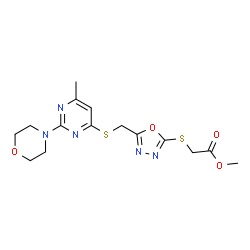 ChemSpider 2D Image | Methyl {[5-({[6-methyl-2-(4-morpholinyl)-4-pyrimidinyl]sulfanyl}methyl)-1,3,4-oxadiazol-2-yl]sulfanyl}acetate | C15H19N5O4S2
