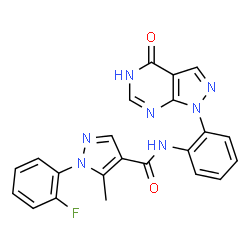 ChemSpider 2D Image | 1-(2-Fluorophenyl)-5-methyl-N-[2-(4-oxo-4,5-dihydro-1H-pyrazolo[3,4-d]pyrimidin-1-yl)phenyl]-1H-pyrazole-4-carboxamide | C22H16FN7O2
